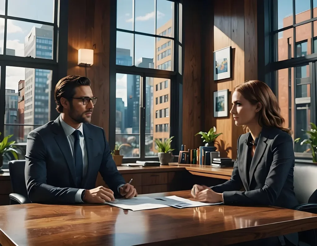 A successful entrepreneur or investor, looking happy and fulfilled, in a setting that signifies significant financial success, such as a large, well-appointed office or home with a view.