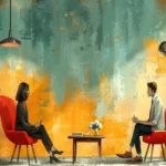 An abstract, painterly illustration of two people, a woman and a man, sitting in red chairs facing each other across a small table with a vase of flowers, against a textured background of teal and orange. A floor lamp and hanging light fixture illuminate the scene, suggesting an interview or a deep conversation.