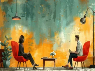 An abstract, painterly illustration of two people, a woman and a man, sitting in red chairs facing each other across a small table with a vase of flowers, against a textured background of teal and orange. A floor lamp and hanging light fixture illuminate the scene, suggesting an interview or a deep conversation.