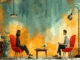 An abstract, painterly illustration of two people, a woman and a man, sitting in red chairs facing each other across a small table with a vase of flowers, against a textured background of teal and orange. A floor lamp and hanging light fixture illuminate the scene, suggesting an interview or a deep conversation.