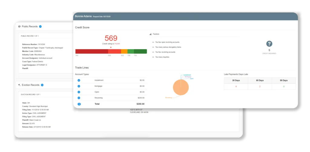A sample tenant screening report displaying a credit score of 569, public records including an eviction judgment, and trade line information with payment history.