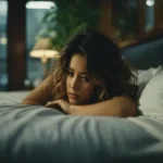 A young woman with wavy brown hair lies awake on a bed, propped on her forearms, with a thoughtful or concerned expression, illuminated by soft, dim light.