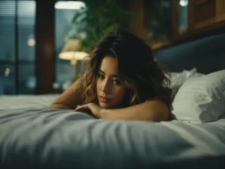 A young woman with wavy brown hair lies awake on a bed, propped on her forearms, with a thoughtful or concerned expression, illuminated by soft, dim light.