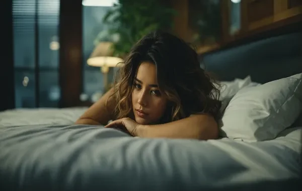 Restless Nights and Neurological Links A young woman with wavy brown hair lies awake on a bed, propped on her forearms, with a thoughtful or concerned expression, illuminated by soft, dim light.