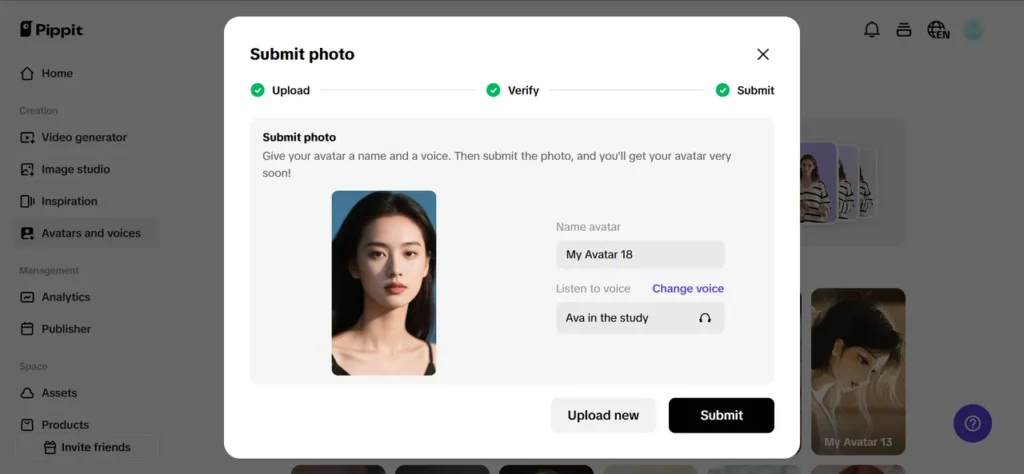 A user interface for a product video generator, showing a pop-up window to "Submit photo" for a new avatar with a photo of a woman, with options to name the avatar and choose a voice.