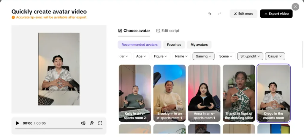 A user interface for a video creation tool, showing a vertical video of a person speaking alongside a selection of different avatars to choose from. The interface includes options to choose an avatar, edit the script, and export the final video.