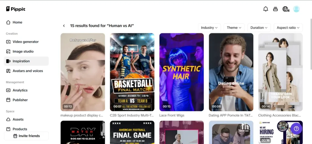 A user interface for a video creation platform, showing a search result for "Human vs AI" with various video templates, including a makeup product display, a basketball final, and a dating app promotion.