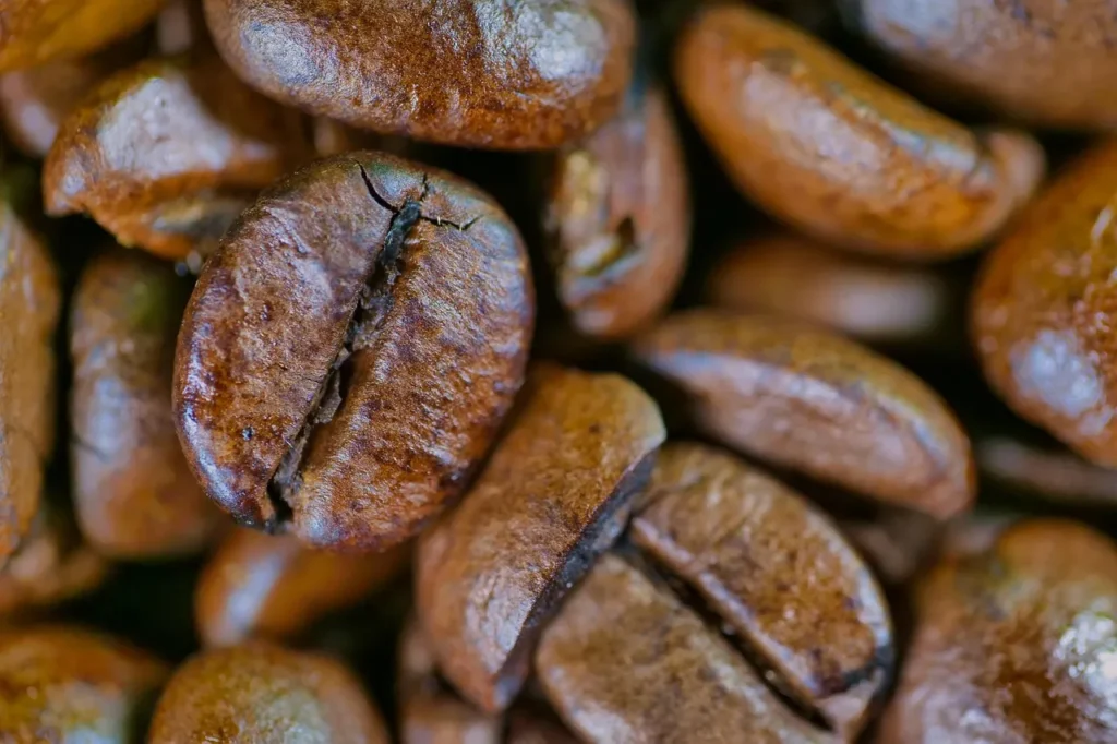 A very close-up view of multiple freshly roasted coffee beans, showing their textured surface and central crack.