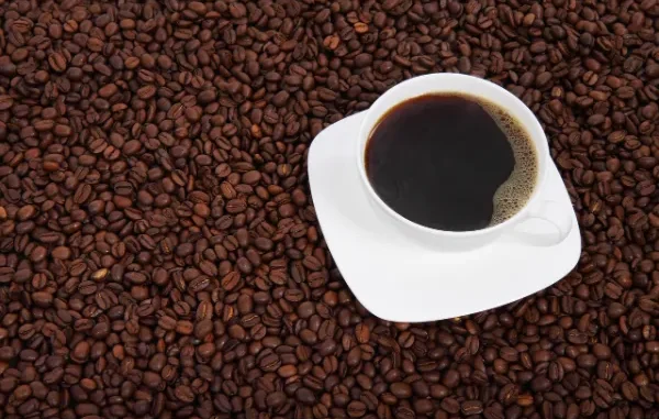 The Essence of Good Coffee: Beans and Brew A white coffee cup filled with black coffee, set on a white saucer, surrounded by a large quantity of dark roasted coffee beans.