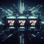 A futuristic, AI-generated image of a digital slot machine with three reels showing a glowing "777" jackpot, surrounded by intricate circuits and illuminated blue light beams.