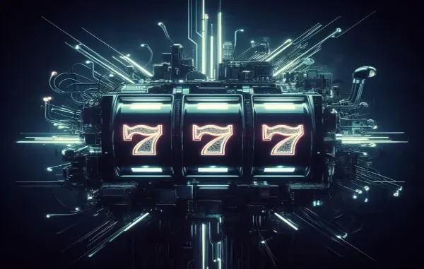 A futuristic, AI-generated image of a digital slot machine with three reels showing a glowing "777" jackpot, surrounded by intricate circuits and illuminated blue light beams.