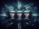 A futuristic, AI-generated image of a digital slot machine with three reels showing a glowing "777" jackpot, surrounded by intricate circuits and illuminated blue light beams.