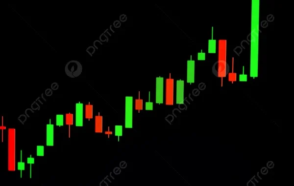 Forex Candlestick Chart Analysis A close-up of a digital financial market chart with red and green forex candlesticks moving upwards on a black background, representing bullish and bearish trends.