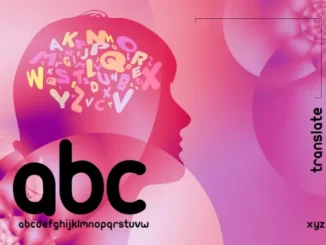 An abstract, vibrant pink and purple image featuring a human silhouette with various letters of the alphabet inside its head, stylized "abc" text, and the word "translate" vertically on the right, symbolizing language and communication.