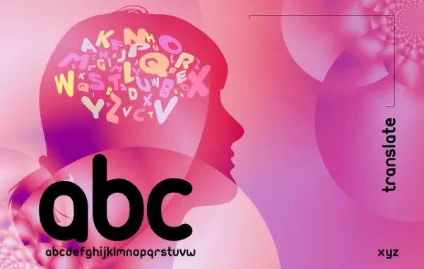 The Art of Multilingual Translation An abstract, vibrant pink and purple image featuring a human silhouette with various letters of the alphabet inside its head, stylized "abc" text, and the word "translate" vertically on the right, symbolizing language and communication.
