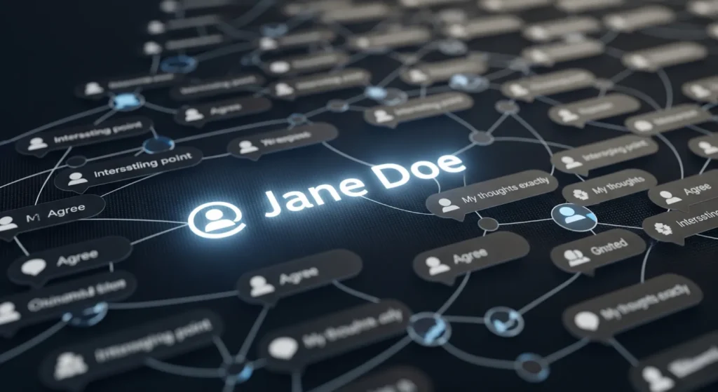 Network of online comments radiating from a central profile labeled "Jane Doe."