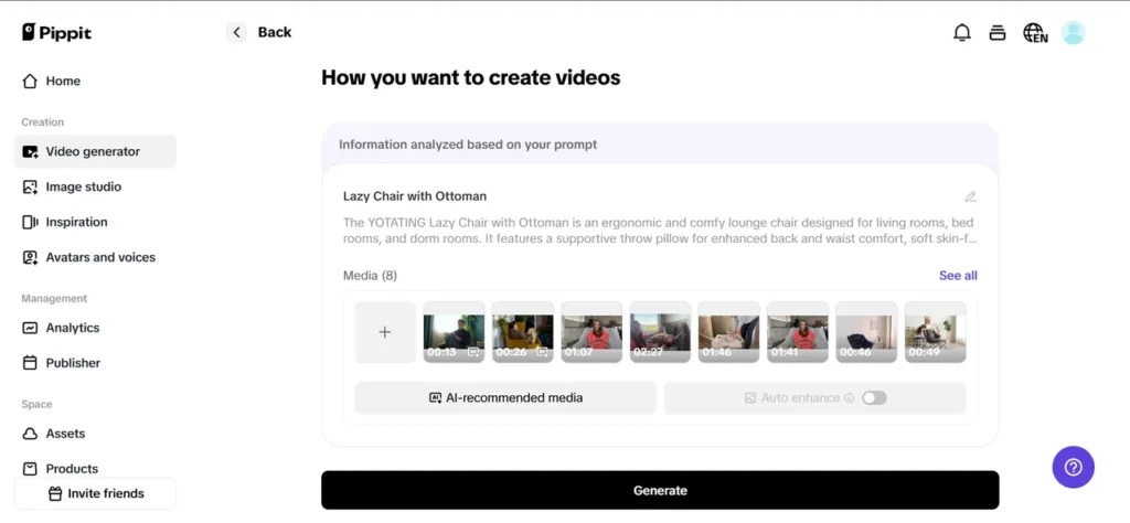 A user interface for a video creation tool called Pippit, showing a process to create a video from a product description of a "Lazy Chair with Ottoman," with a timeline of recommended media clips.