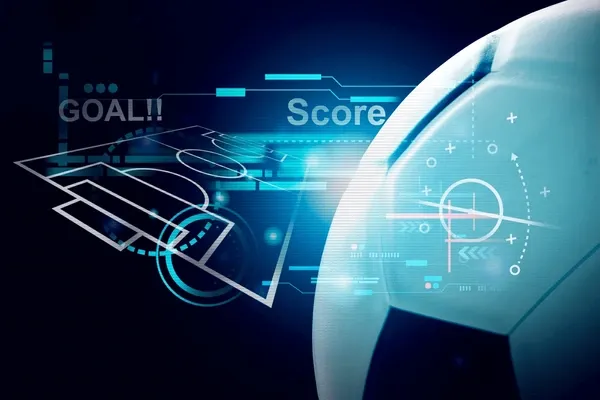 A close-up of a soccer ball with a futuristic blue data overlay, showing a digital soccer field, score, and other analytical graphics, symbolizing the use of data in sports betting.