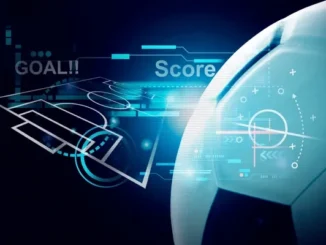 A close-up of a soccer ball with a blue digital overlay showing a stylized field, data points, and phrases like "Goal!!" and "Score," representing the use of data analytics in sports betting.