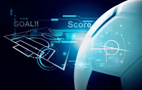A close-up of a soccer ball with a blue digital overlay showing a stylized field, data points, and phrases like "Goal!!" and "Score," representing the use of data analytics in sports betting.