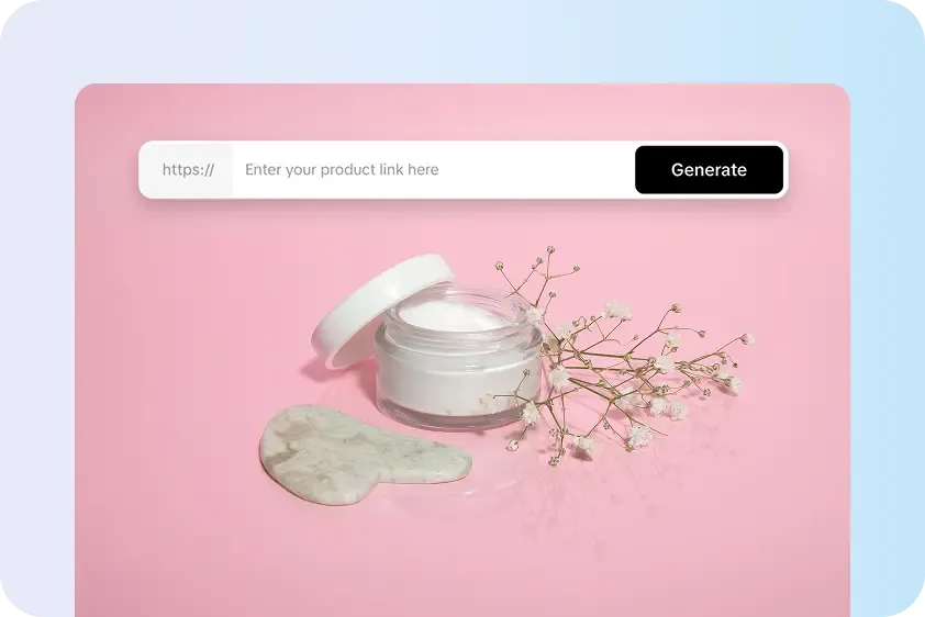 An online tool's interface with an input field to "Enter your product link here," shown above an image of a cosmetic jar with flowers and a gua sha stone, illustrating a service that can generate marketing content from a product image.