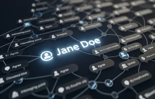 Abstract representation of online comments connected to a central name, Jane Doe.
