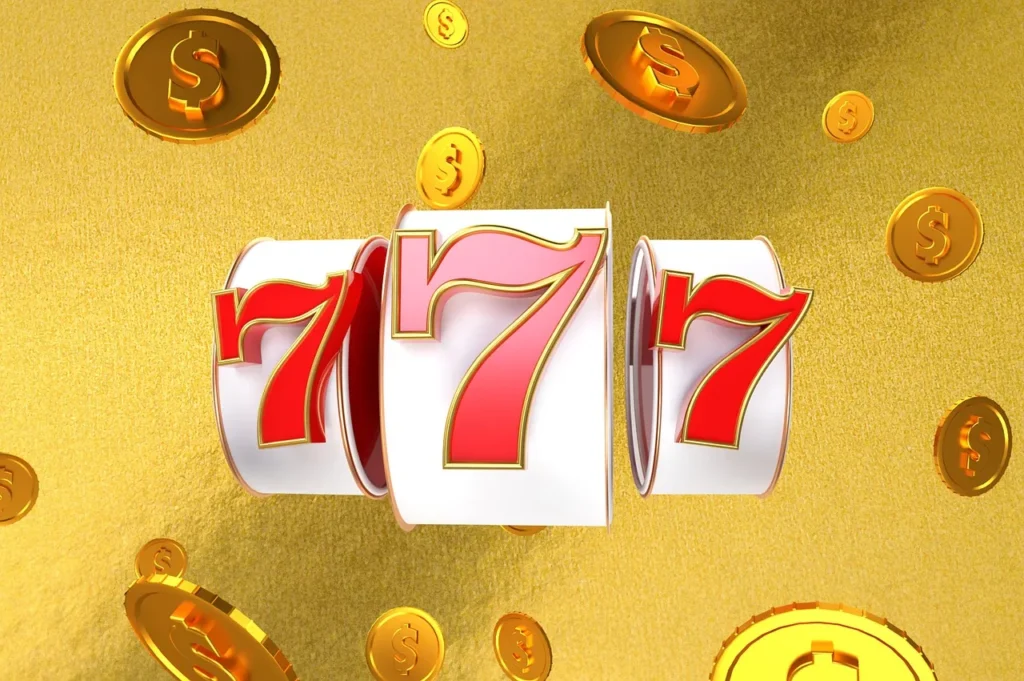 A 3D rendering of a slot machine jackpot with three red and white sevens ('777') on the reels, surrounded by falling gold coins with dollar signs on a golden background.