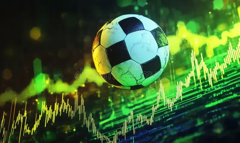 A textured soccer ball hovering above a financial data graph, with vibrant green and yellow lines representing sports analytics and betting trends.