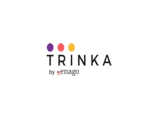 The logo for Trinka.ai, featuring the name in black font with three colorful dots (purple, coral, yellow) above the "i" and the tagline "by enago" in red below.
