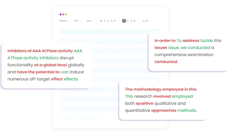 A user interface showing a document being edited, with color-coded highlights and pop-up suggestions correcting grammar, phrasing, and word choice for academic writing.