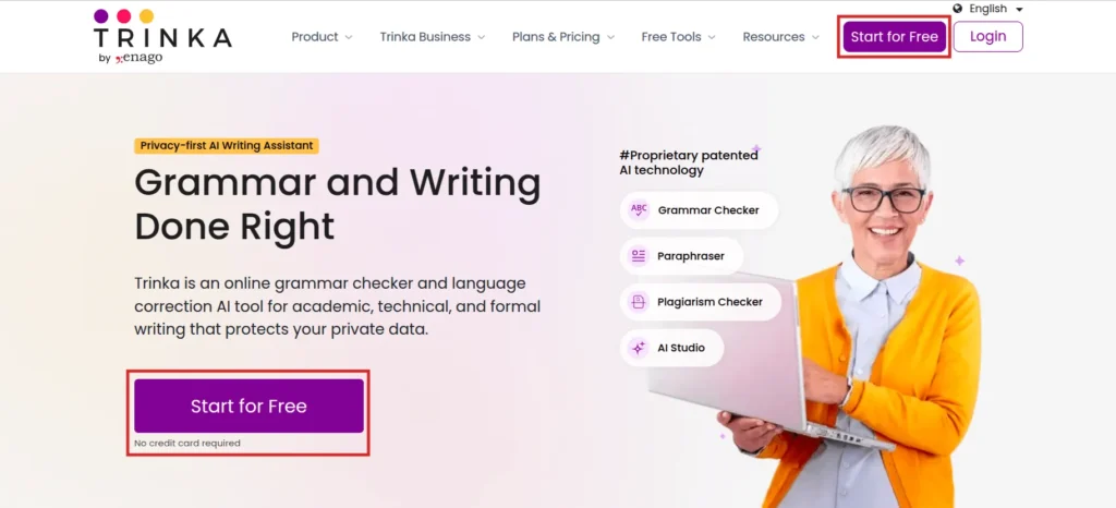 The Trinka.ai website homepage showing a woman holding a laptop, with a highlighted "Start for Free" button and text listing features like Grammar Checker, Plagiarism Checker, and AI Studio.