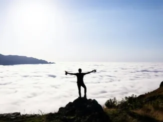 Silhouette of a person standing triumphantly on a mountain peak overlooking a sea of clouds.
