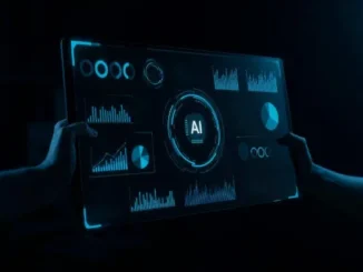 Two hands hold a translucent digital screen displaying various blue-hued data visualizations, charts, and a central "AI" chip icon, symbolizing AI-augmented decision-making in digital strategy.