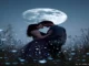 A digitally generated image of a romantic couple embracing in a field under a large, bright full moon, surrounded by glowing heart shapes.