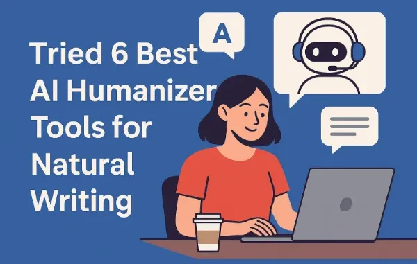 Exploring AI Humanizer Tools for Natural Writing A digital illustration depicting a person sitting at a desk using a laptop, surrounded by speech bubbles representing AI assistance for natural writing.