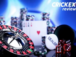 A close-up of a gambling table setup with a roulette wheel, dice, poker chips, and a dealer button, with the "CRICKEX review" logo in the top right corner.