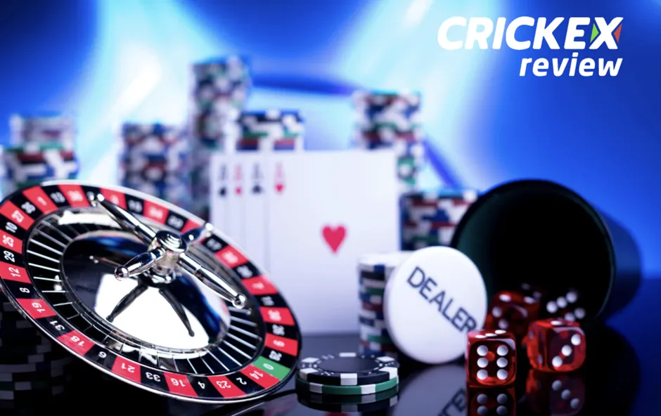 A vibrant image featuring a roulette wheel, dice, poker chips, playing cards showing a heart, and a dealer button, with the "CRICKEX review" logo, representing the gambling services offered on a trusted platform for Indian punters.