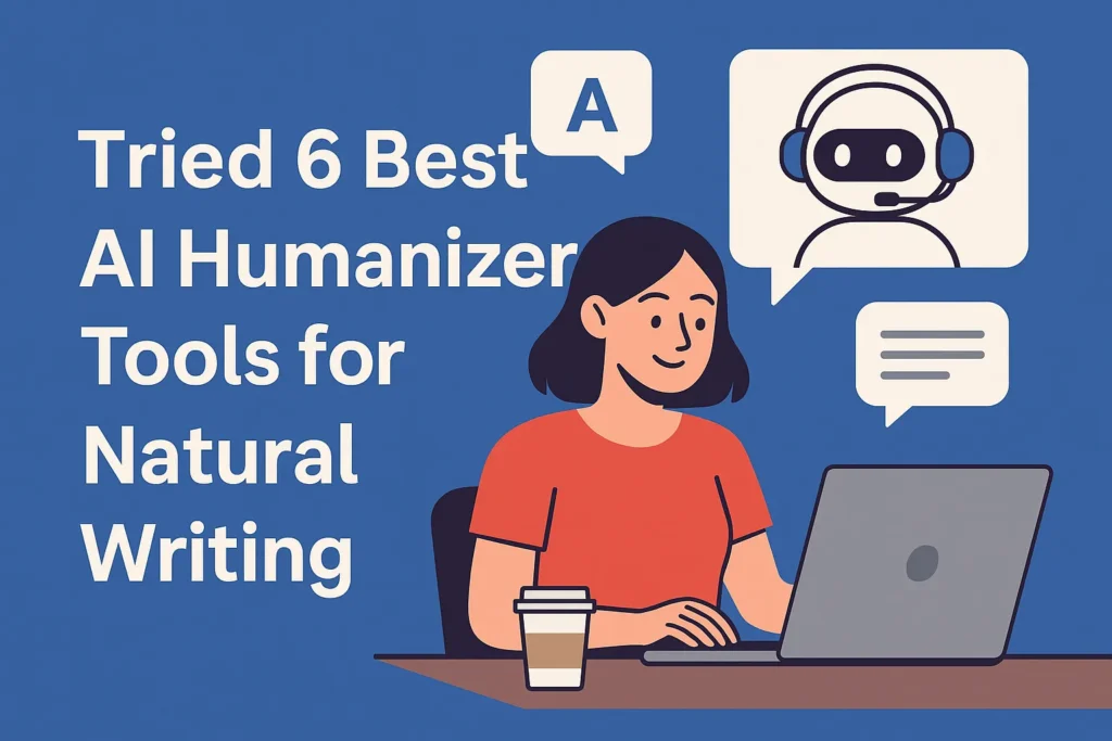 A digital illustration shows a person using a laptop at a desk with speech bubbles containing an AI chatbot icon, the letter 'A', and writing lines, next to the text "Tried 6 Best AI Humanizer Tools for Natural Writing."