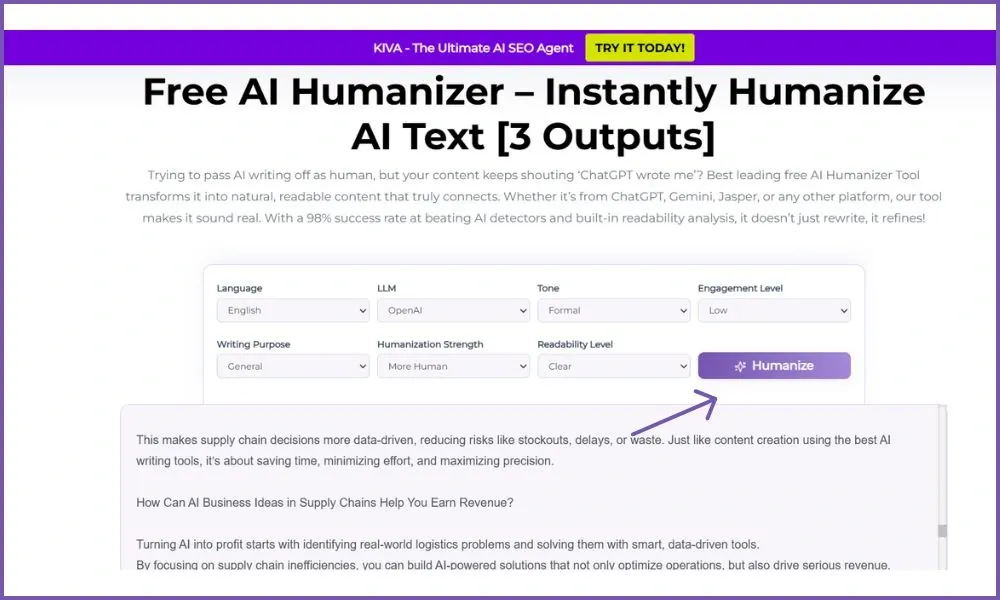 A screenshot of a webpage titled "Free AI Humanizer - Instantly Humanize AI Text," showing input fields for language, LLM, tone, engagement level, writing purpose, humanization strength, and readability level, with a purple "Humanize" button highlighted by a purple arrow.