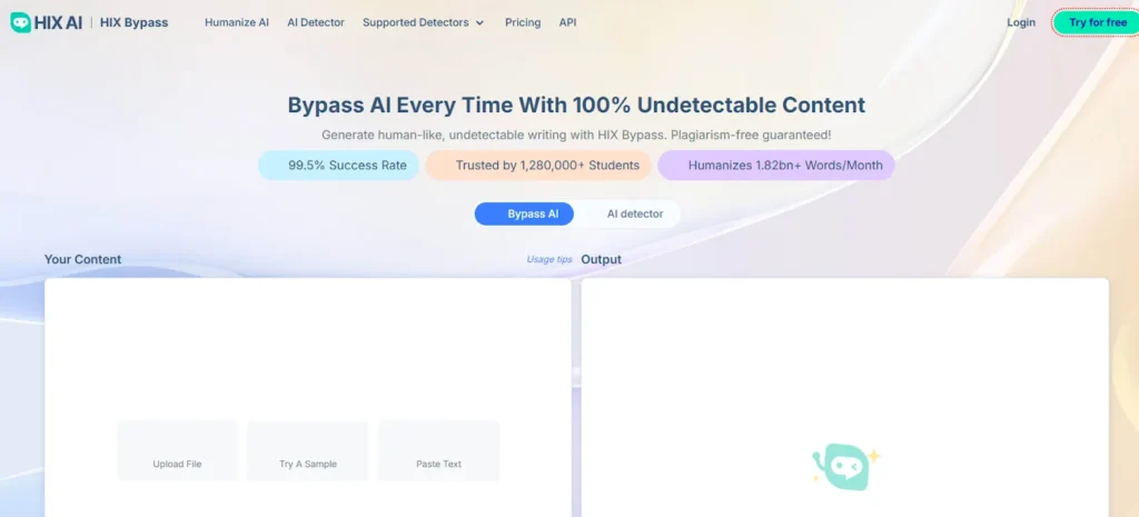 A screenshot of the HIX AI Bypass webpage with the headline "Bypass AI Every Time With 100% Undetectable Content" and options to upload a file, try a sample, or paste text.