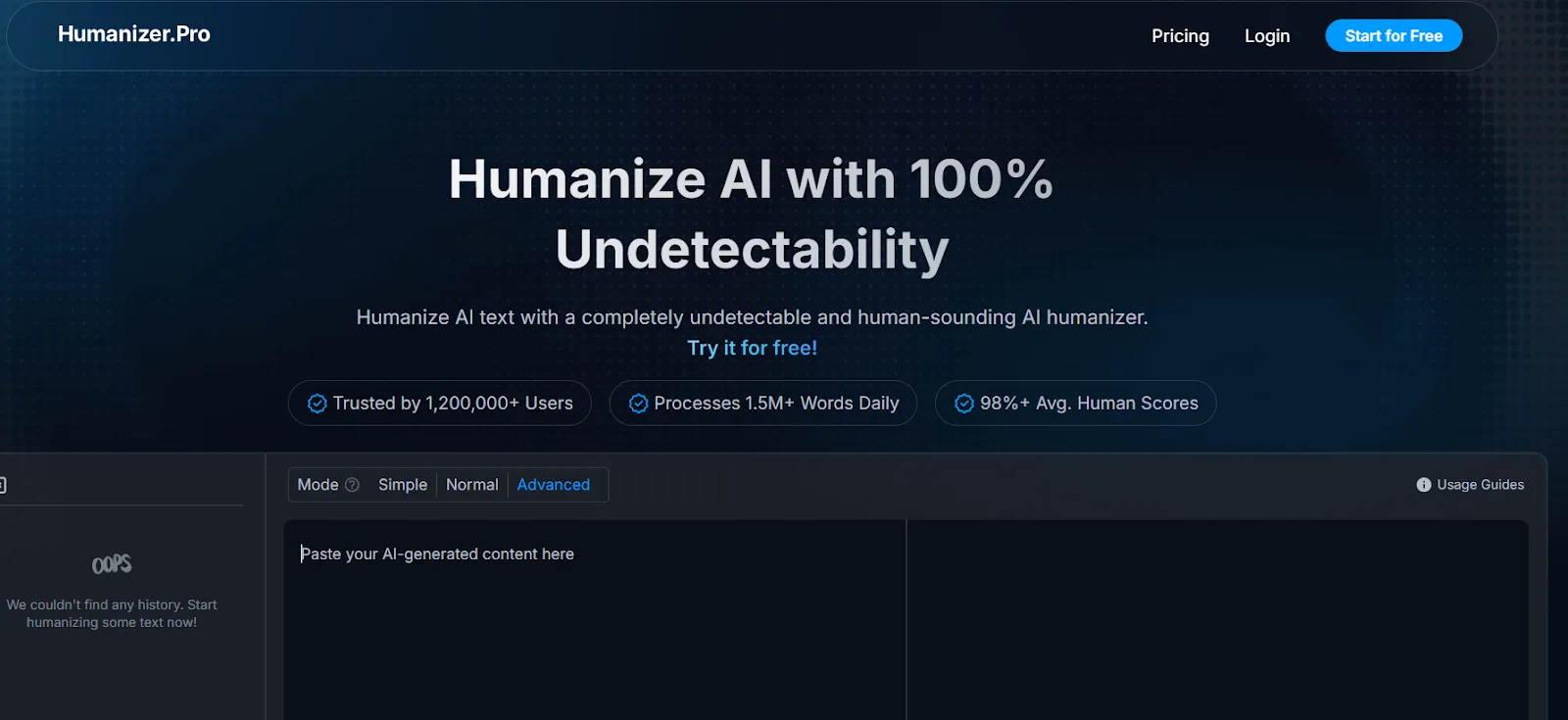 A screenshot of the Humanizer.Pro website homepage featuring the headline "Humanize AI with 100% Undetectability" and input fields for pasting AI-generated content.