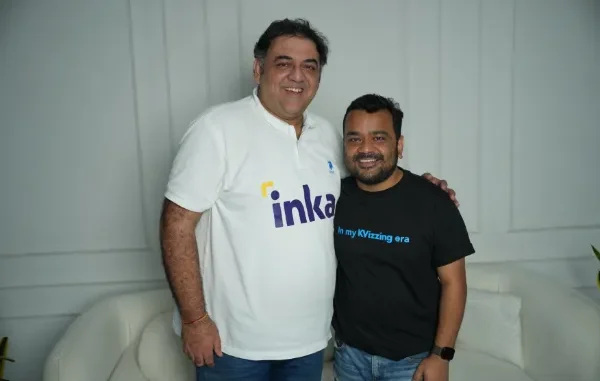 Inka Onboards Kumar Varun Inka co-founder Tarun Mathur poses with comedian and quizmaster Kumar Varun, who is wearing a T-shirt that says "in my KVIzzing era."