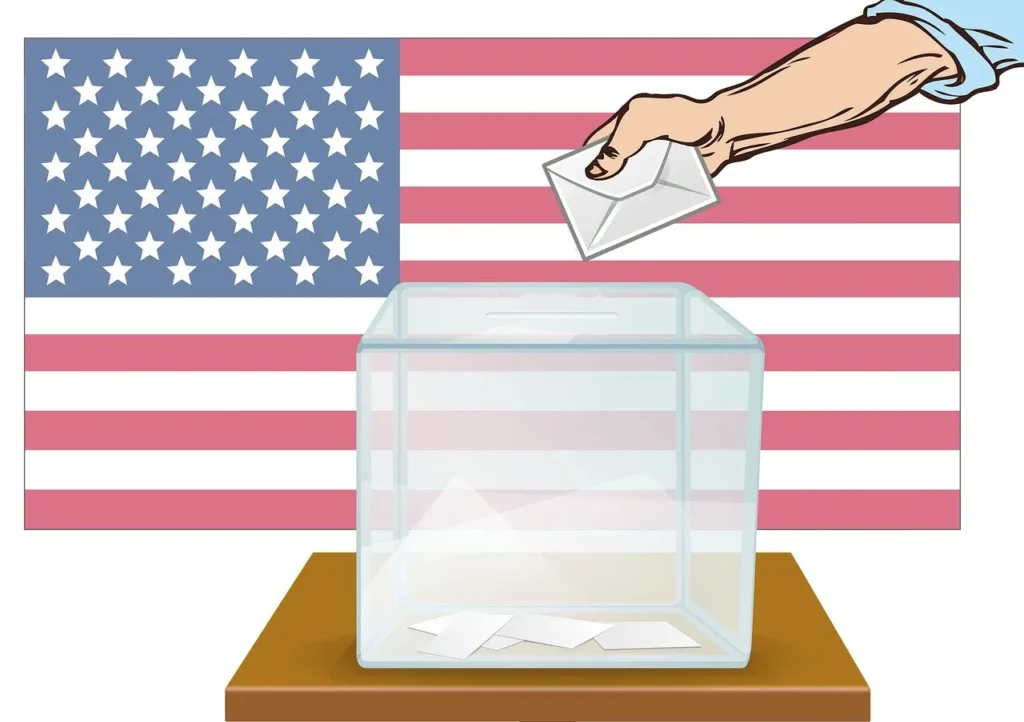 A cartoon illustration of a hand dropping a ballot into a clear ballot box, set against a backdrop of the American flag, symbolizing voting in the 2024 U.S. House Election for Iowa's 1st Congressional District.