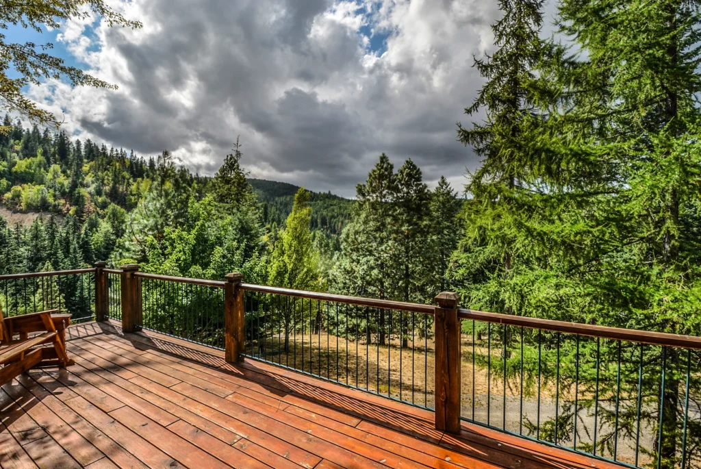 landscape tree forest deck wood view rustic pine rural log scenery weather storm backyard garden trees clouds mountains estate outdoor structure
