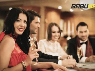 A group of stylishly dressed friends are enjoying drinks and conversation at a casino table, likely engaged in mobile gaming on their devices. The "BABU88" logo is visible in the upper right corner.