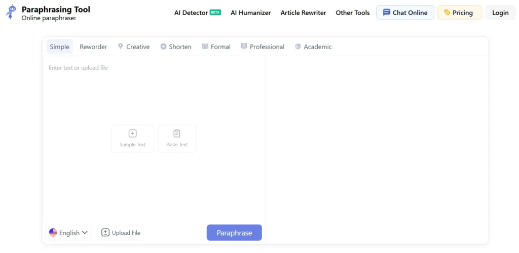 A screenshot of the Paraphrasing Tool website, showing tabs for different rewriting modes including "Simple," "Creative," and "Academic," along with options to enter text, upload a file, or paste text for paraphrasing.
