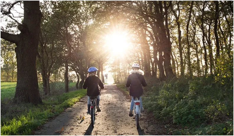 Two kids with helmets bike down a sunny, wooded path in Park City.