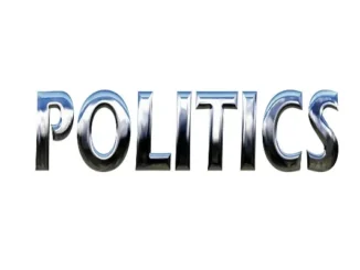 The word "POLITICS" rendered in shiny, metallic 3D letters against a plain white background.