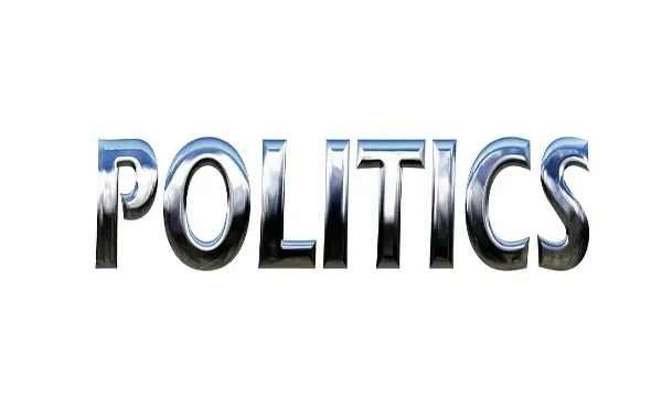 The word "POLITICS" rendered in shiny, metallic 3D letters against a plain white background.