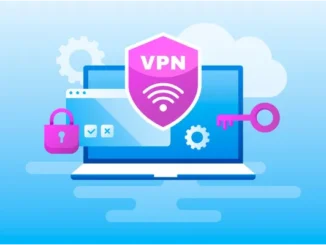A laptop displays a VPN connection secured by a shield icon with a WiFi symbol, accompanied by a padlock and a key, illustrating online security.